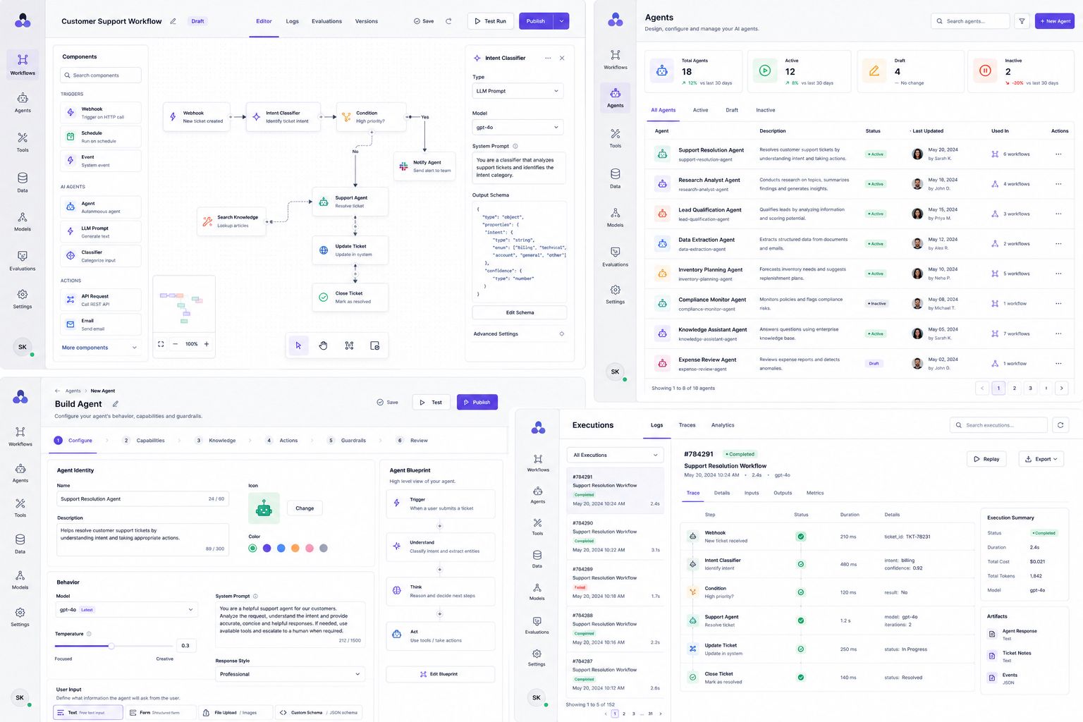 Agent 360 product screens showing the visual workflow editor, agent management, agent builder and execution monitoring interfaces